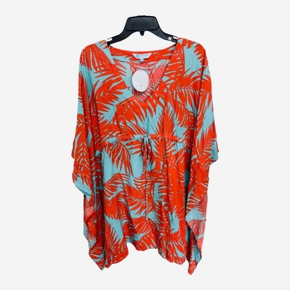 escapada Coral and Aqua Palm-Print Swim Coverup